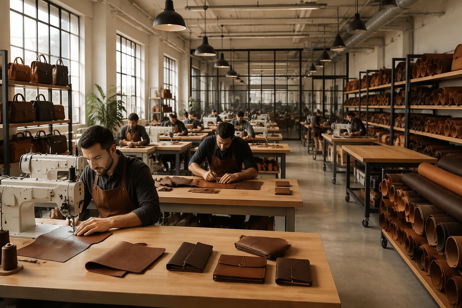 Leather goods development workspace with wallet components and material swatches